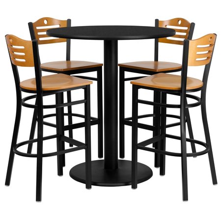 Flash Furniture Blk Bar Table, Rnd w/Natural Seats, 36", 36" W, 36" L, 42" H, Laminate Top, Wood Grain MD-0020-GG
