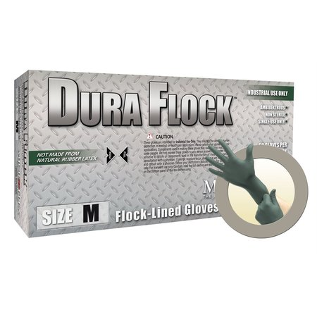 ANSELL Dura Flock, Flock-Lined Nitrile Gloves, 8 mil Palm, Nitrile, Powder-Free, M, 100 PK, Green MFXDFK608M