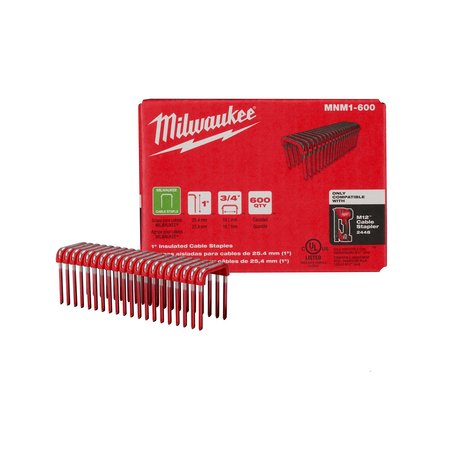 Milwaukee Tool Insulated Cable Staples for M12 Cable Stapler, 1 in Ht, 3/4 in Wd, 14 ga, Steel, 600 PK MNM1-600