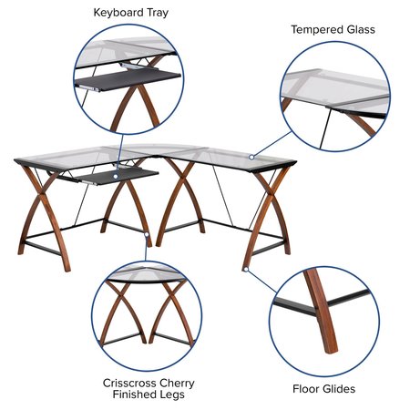 Flash Furniture L Shaped Desk, 23-1/2" D, 83-1/4" W, 29" H, Clear/Cherry, Laminate, Table Top: Glass NAN-JN-2824SL-COMBO-GG