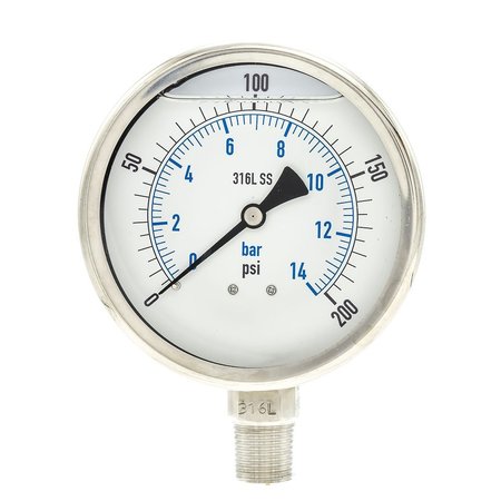 PIC GAUGES Pressure Gauge, 0 to 200 psi, 1/2 in MNPT, Stainless Steel, Silver PRO-301L-402G-01