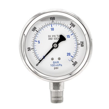 PIC GAUGES Pressure Gauge, 0 to 300 psi, 1/2 in MNPT, Stainless Steel, Silver PRO-301L-402H-01