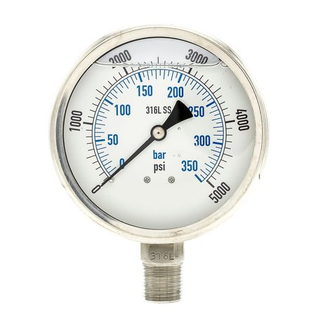 PIC GAUGES Pressure Gauge, 0 to 5000 psi, 1/2 in MNPT, Stainless Steel, Silver PRO-301L-402R-01
