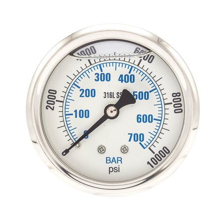 PIC GAUGES Pressure Gauge, 0 to 10,000 psi, 1/4 in MNPT, Stainless Steel, Silver PRO-302L-254U-01