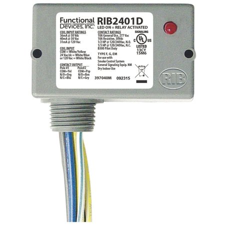 JOHNSON CONTROLS Rib 10Amp Dpdt 24Vacdc, 120Vac RIB2401D