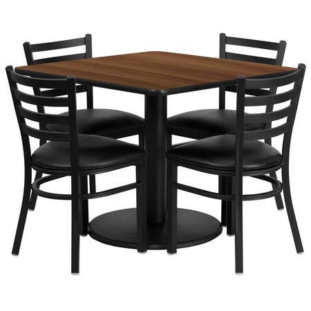 Flash Furniture Square Walnut Table, Blk Seat, Sqr, Rnd Base, 36", 36" W, 36" L, 30" H, Laminate Top, Wood Grain RSRB1016-GG