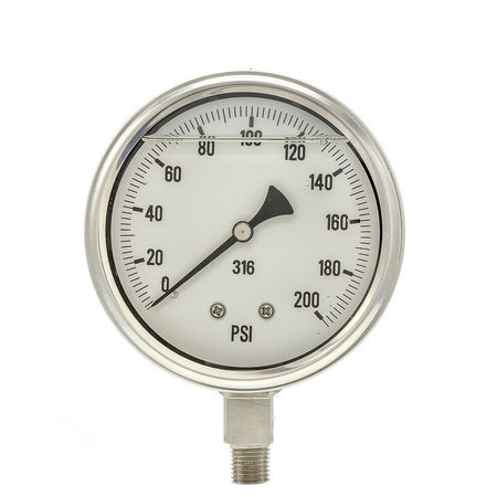 Pic Gauges Gauge, 4", 0-200 psi, 1/4"LM, 316SS PRO-301L-404G