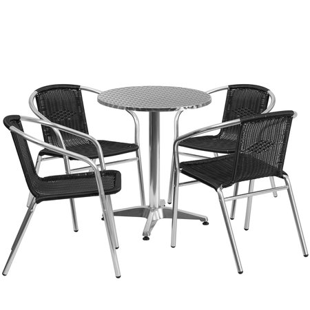 Flash Furniture Round Table Set, 23.5 W, 23.5 L, 27.5 H, Aluminum, Plastic, Rattan, Stainless Steel Top, Grey TLH-ALUM-24RD-020BKCHR4-GG