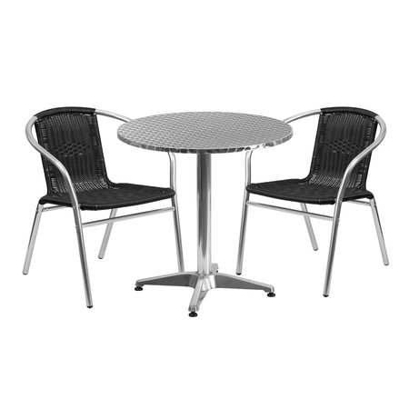 Flash Furniture Round Table Set, 27.5 W, 27.5 L, 27.5 H, Aluminum, Plastic, Rattan, Stainless Steel Top, Grey TLH-ALUM-28RD-020BKCHR2-GG