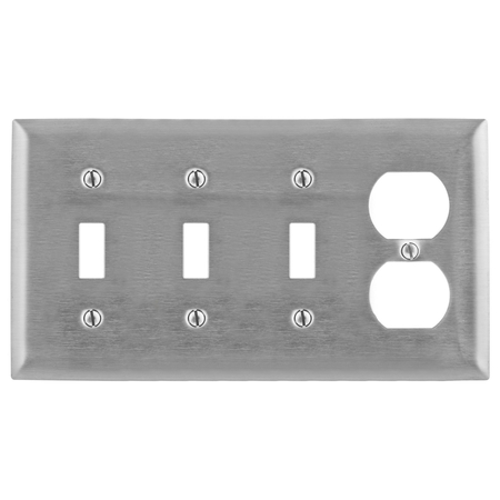 HUBBELL WIRING DEVICE-KELLEMS Wall Plates and Box Cover, Number of Gangs: 4 Stainless Steel, Brushed Finish SS38
