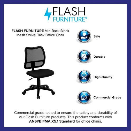 Flash Furniture Fabric Task Chair, 21 1/2-, No Arm, Back, Seat, Frame: Black WL-A277-BK-GG