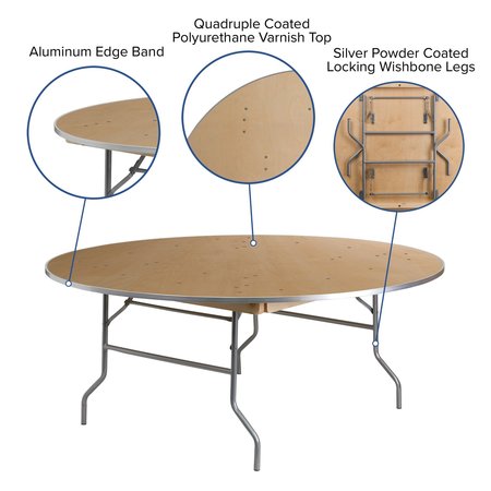 Flash Furniture Round Folding Table, 72" W, 72" L, 30" H, Birchwood, Steel Top, Natural XA-72-BIRCH-M-GG