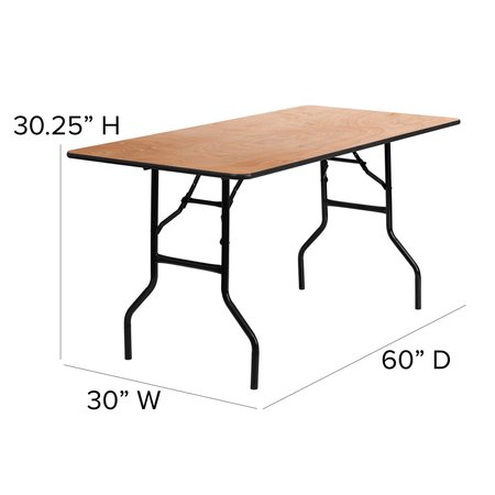 Flash Furniture Rectangle Folding Table, 30" W, 60" L, 30.25" H, Wood Top, Wood Grain YT-WTFT30X60-TBL-GG