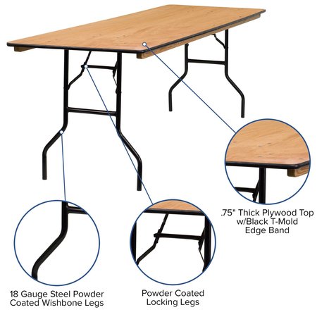 Flash Furniture Rectangle Folding Table, 30" W, 96" L, 30.25" H, Wood Top, Wood Grain YT-WTFT30X96-TBL-GG