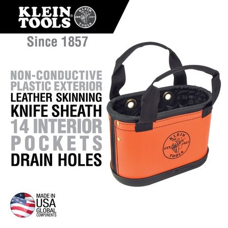 Klein Tools Bucket Bag, Orange, Polyester Interior, Polypropylene Bottom, Plastic Exterior, 15 Pockets 5144HBS