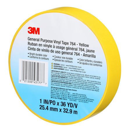 3M 3M™ 764 Vinyl Tape, 5.0 Mil, 1" x 36 yds, Yellow, 36/Case T965764Y