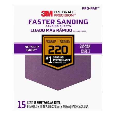 3M Sandpaper Sheet, 220 Grit, 9"W, PK15 27220PGP-15