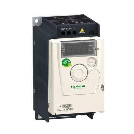 SCHNEIDER ELECTRIC Variable speed drive, Altivar 12, 0.75kW, 1hp, 200 to 240V, 3 phases, on base plate ATV12P075M3
