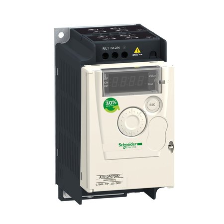 Schneider Electric Variable speed drive, Altivar 12, 0.75kW, 1hp, 200 to 240V, 3 phases, on base plate ATV12P075M3