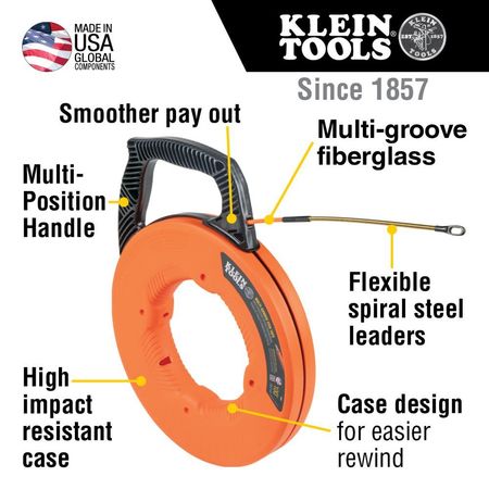 Klein Tools Multi-Groove Fiberglass Fish Tape with Spiral Steel Leader, 100-Foot 56380