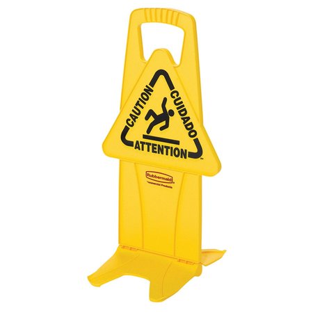 Rubbermaid Floor Safety Sign, Caution, Eng/Sp/Fr, 25 in H, 13 in W, Polypropylene, Rectangle, FG9S0900YEL FG9S0900YEL