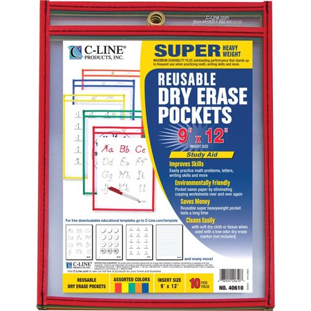 C-Line Products Reusable Dry Erase Pocket 9x12", Assorted Colors, PK10 40610