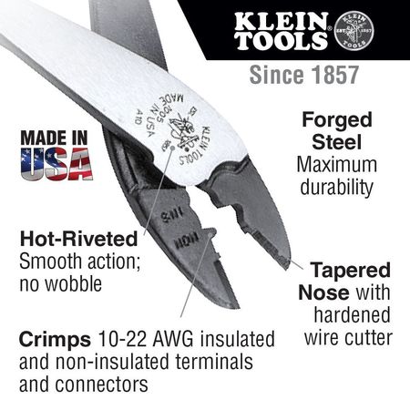 Klein Tools Crimper, Overall Length 9 3/4 in, Capacity 10 to 22 AWG, Red 1005