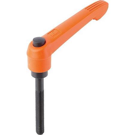 KIPP Adjustable Handle With Push Button, Size: 5, M16X80, Plastic Orange, Comp: Steel, Button: Black K0269.72516X80