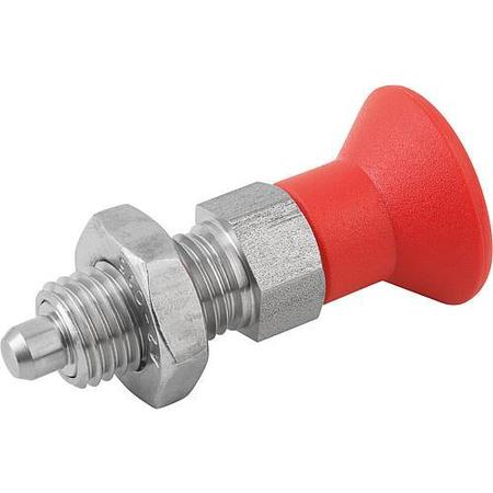 KIPP Indexing Plunger Red D1= M08X1, D=4, Style B, Non-Lockout w Locknut, Stainless Steel Hardened K0338.0200484