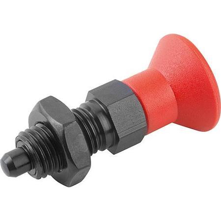 KIPP Indexing Plunger Red D1= 3/4-10, D=10, Style B, Non-Lockout w Locknut, Steel Hardened, Knob Plastic K0338.2410A784