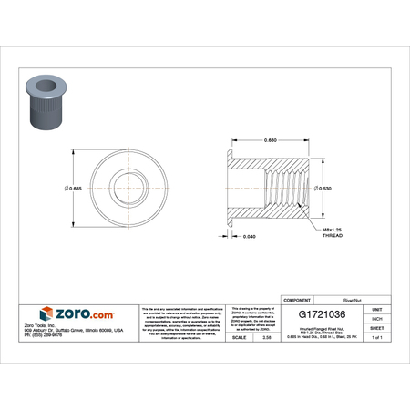 Zoro Select Rivet Nut, M8-1.25 Thread Size, 0.685 in Flange Dia., 0.68 in L, Steel, 25 PK M69135.080.0150