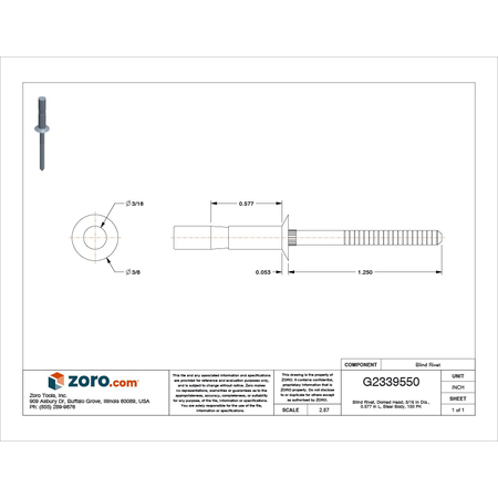 Zoro Select Blind Rivet, Dome Head, 3/16 in Dia., 37/64 in L, Steel Body, 100 PK 5RLR0