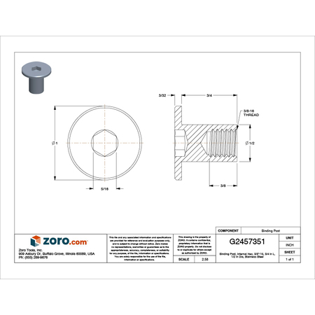Zoro Select Binding Barrel, 3/8"-16, 3/4 in Brl Lg, 1/2 in Brl Dia, 316 Stainless Steel Plain Z1526