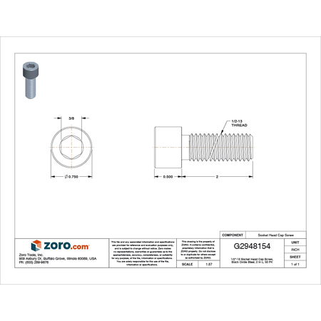 Zoro Select 1/2"-13 Socket Head Cap Screw, Black Oxide Steel, 2 in Length, 50 PK 430176-PG