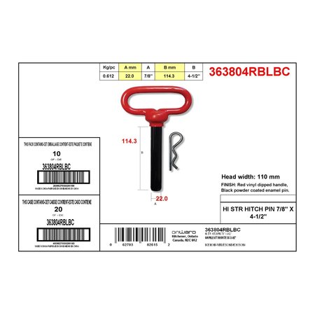 Onward 4 12inch 114 mm High Strength Hitch Pin with 78inch 22 mm Pin Diameter 363804RBLBC