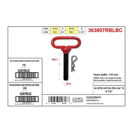 Onward 6 12inch 165 mm High Strength Hitch Pin with 34inch 19 mm Pin Diameter 363807RBLBC