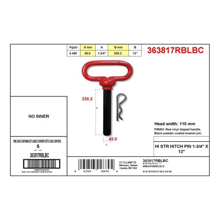 Onward 13inch 330 mm High Strength Hitch Pin with 1 34inch 45 mm Pin Diameter 363817RBLBC