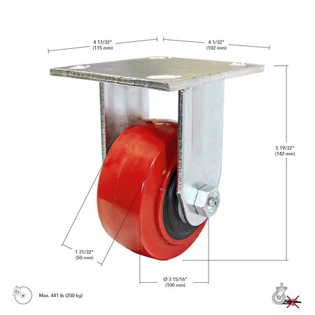 Madico Mold‐On Polyurethane Industrial Casters, Fixed, with Plate, Red F22004