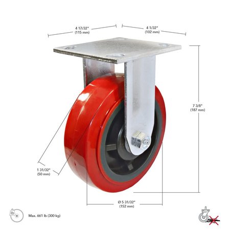 Madico Mold‐On Polyurethane Industrial Casters, Fixed, with Plate, Red F22006
