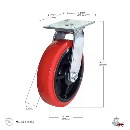 Madico Mold‐On Polyurethane Industrial Casters, Swivel Without Brake, with Plate, Red F22108