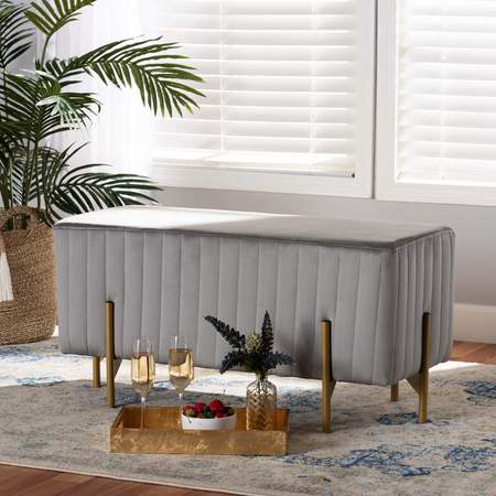Baxton Studio Helaine Contemporary Glam and Luxe Grey Fabric Upholstered and Gold Metal Bench Ottoman 199-12232-ZORO |