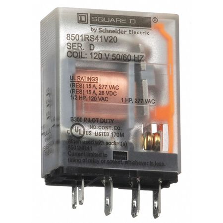 SCHNEIDER ELECTRIC General Purpose Relay, 120V AC Coil Volts, Square, 5 Pin, SPDT 8501RS41V20