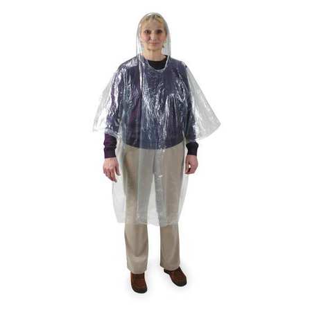 CONDOR Disposable Rain Poncho, Clear, Polyethylene, Pull-On, 40 in Lg, 0.02 mm Thick, 24 Per Pack 2ELD5