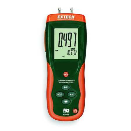 EXTECH Digital Manometer, 0 to 13.85 In WC HD755