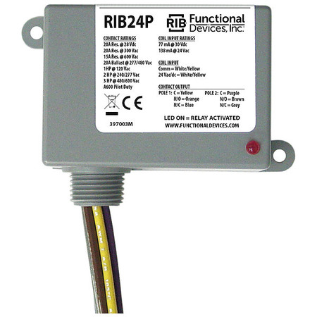 Functional Devices-Rib Enclosed Pre-Wired Relay, 20A@300VAC, DPDT RIB24P