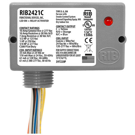 Functional Devices-Rib Enclosed Pre-Wired Relay, 10A@30VDC, SPDT RIB2421C