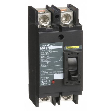 Square D Molded Case Circuit Breaker, QDL Series 200A, 2 Pole, 240V AC QDL22200