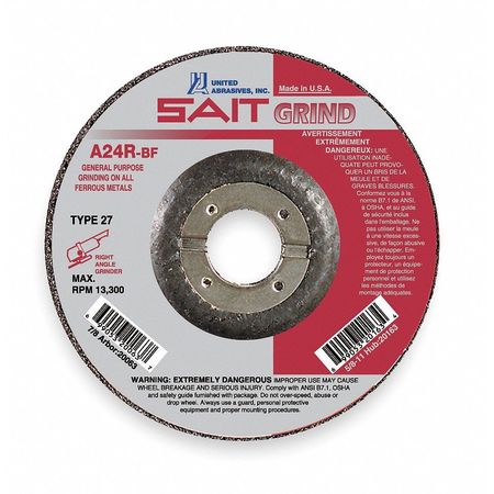 United Abrasives/Sait Depressed Center Grinding Wheel, 27, 4-1/2" Dia, 1/4" Thick, 7/8" Arbor Hole Size, Aluminum Oxide 20063