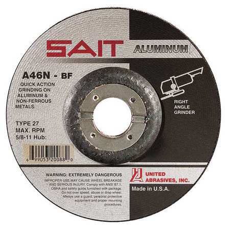 UNITED ABRASIVES/SAIT Depressed Center Grinding Wheel, 27, 4-1/2" Dia, 1/4" Thick, 7/8" Arbor Hole Size, Aluminum Oxide 20062