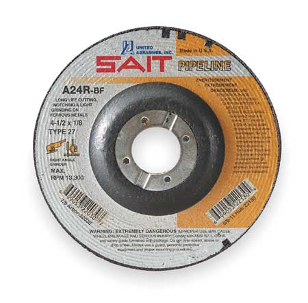 UNITED ABRASIVES/SAIT Cut-Off & Grinding Wheel, 27, 4-1/2" Dia, 1/8" Thick, 7/8" Arbor Hole Size, Zirconia Alumina 22620